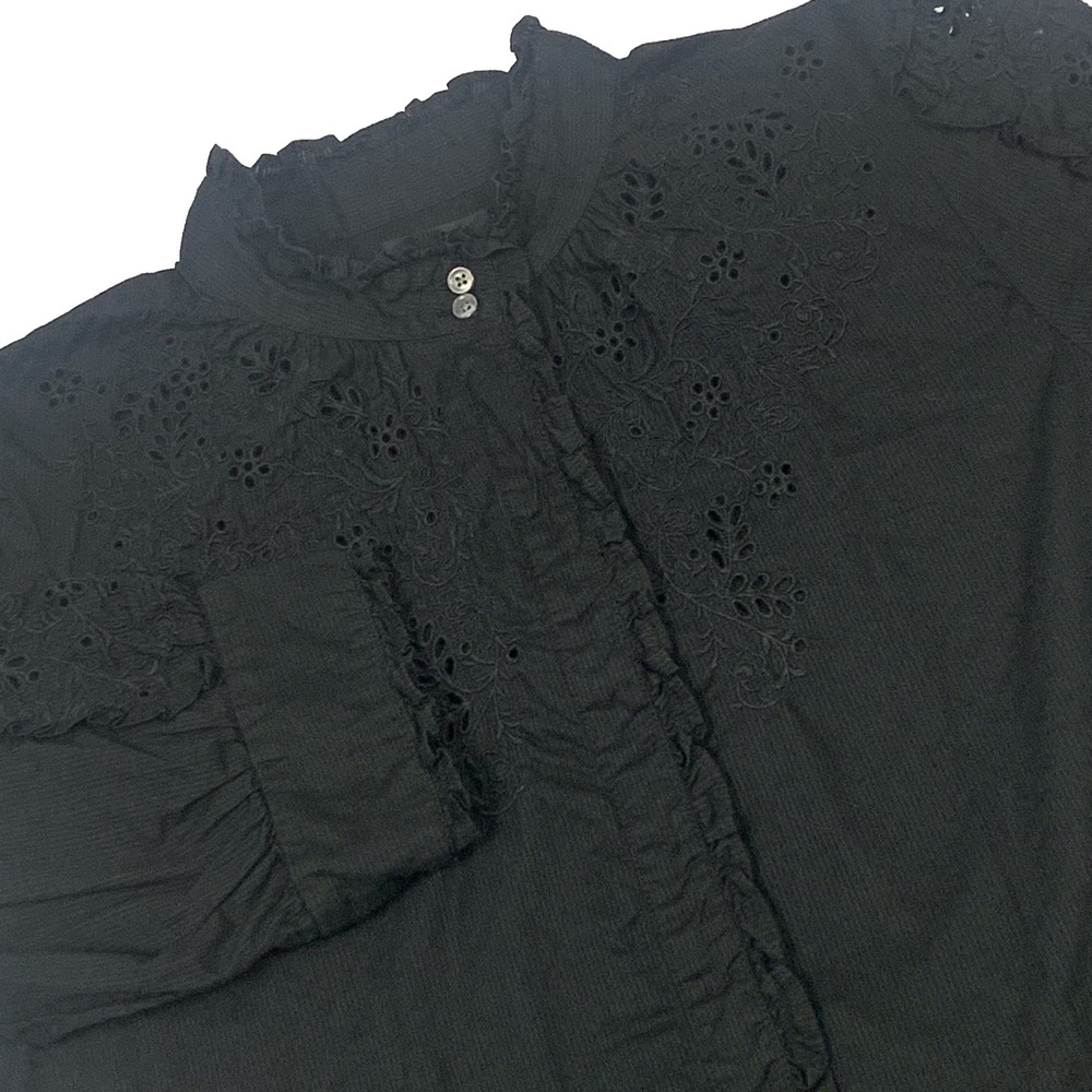 J.Crew Mockneck Blouse Women’s Medium Black Embroidered Ruffle Short Sleeve